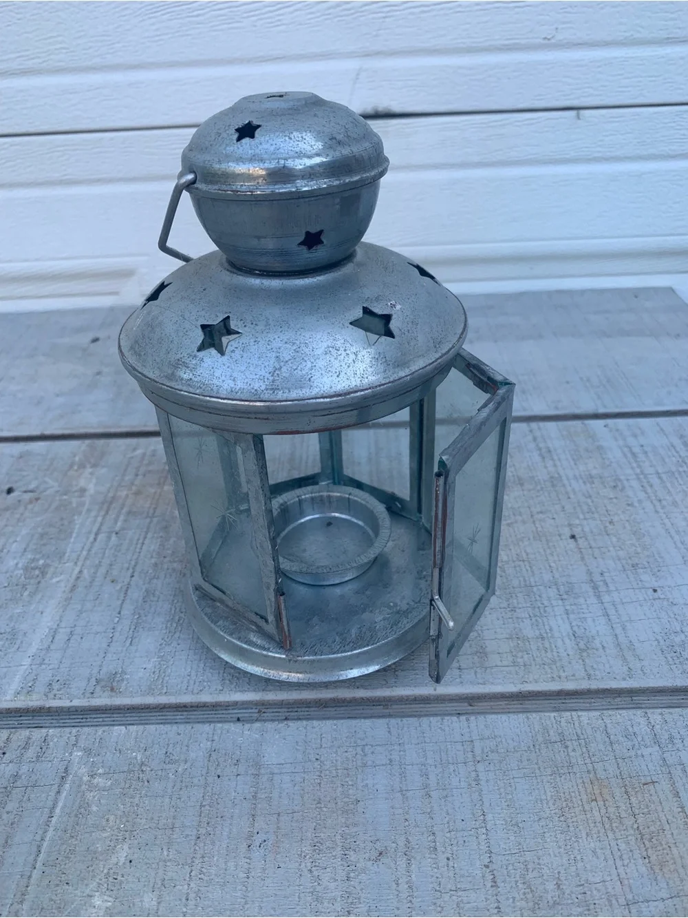 Vintage Metal Lantern Holder For Tea Light Candle, Star Cutouts, 8